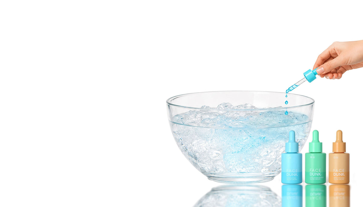 Glow Drops dripping into an ice bowl, with the three Face Dunk bottles